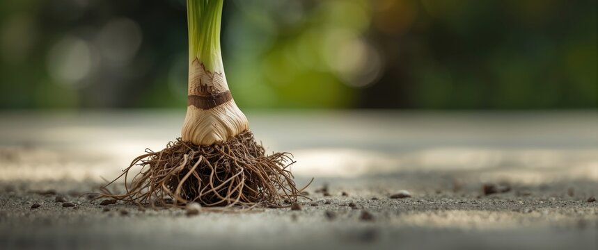 Close-up of gladiola bulb with visible roots after uprooting