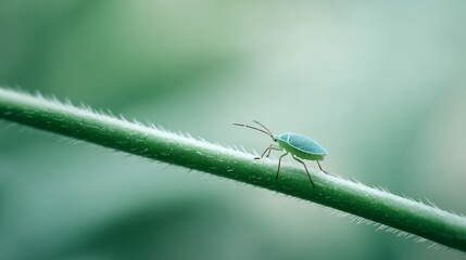 Close up view of a small green insect navigating along a thin, hairy green branch in a natural environment, highlighting the intricate details and beauty of nature's design