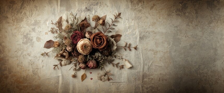 Withered petals and dried leaves representing time passage and vintage floral art