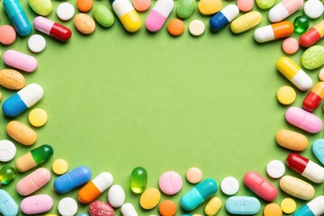 Obraz premium Colorful medical tablets and capsules displayed from above on isolated green backdrop with copy space
