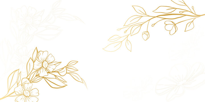 A luxurious floral background with a golden pattern of hand-drawn flowers in a linear art style. Vector illustration for postcards, banners, printed materials, covers, wedding invitations, packaging.