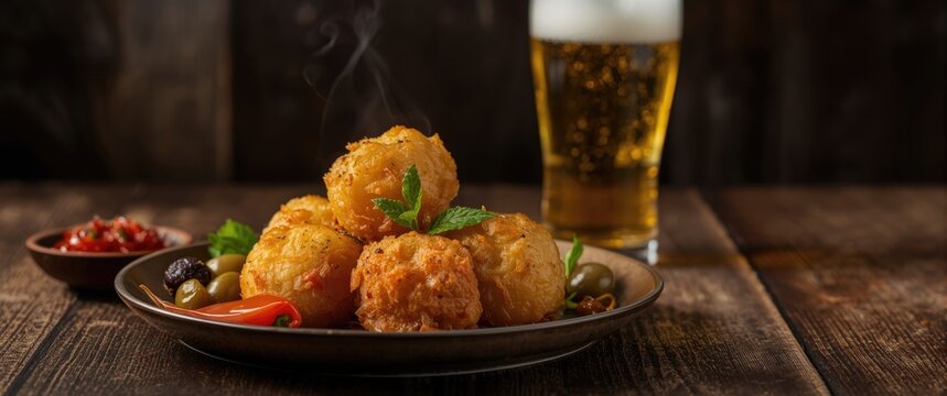 Brazilian Fried manioc or aipim meal featuring pepper jam, olives, pepper pout, and a glass of beer