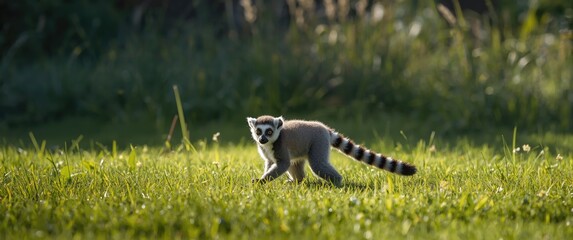Fototapeta premium Charming lemur with raised tail walking across the lawn