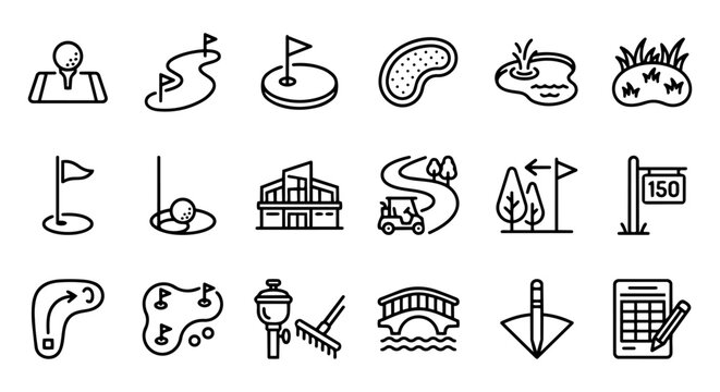 Golf course topography icon set with terrain, bridge, and clubhouse.