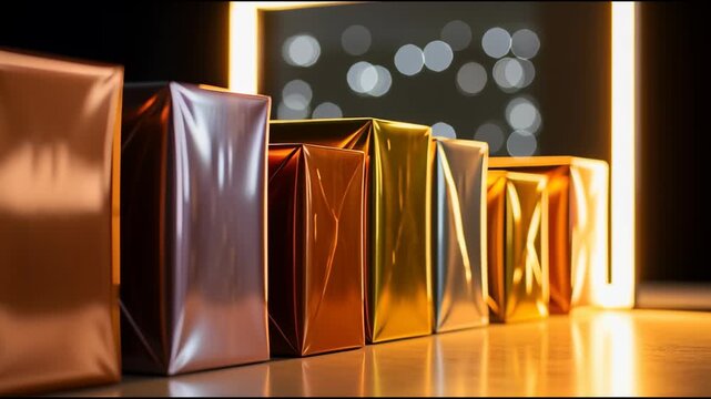 Metallic gift boxes illuminated in a row with a glowing rectangle