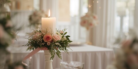 Orthodox marriage ceremony candle adorned with bohemian flowers, emphasizing ritual significance and decorative style