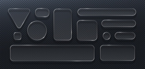 Fototapeta na wymiar Transparent glass UI elements vector set on dark background, realistic glossy buttons panels frames, glassmorphism collection