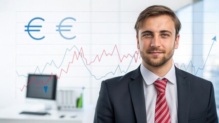 Weak Dollar &ndash; Business & Economic Situation Professional man in a suit with financial graphs and currency symbols in the background.
