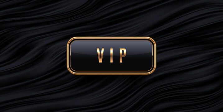 Luxury VIP gold button on black wavy silk background. Premium vector badge with golden frame on dark liquid satin texture for exclusive club invitation or membership design.