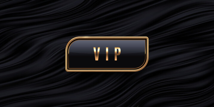 Luxury VIP gold button with geometric frame on black wavy silk background. Premium vector badge on dark liquid satin texture for exclusive club invitation or membership design.
