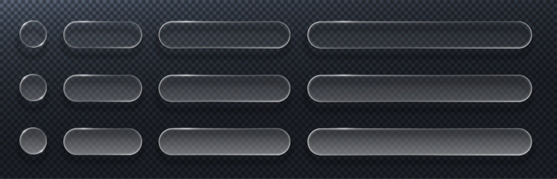 Set of transparent glass buttons and banners. Vector realistic glassmorphism UI kit with glossy rounded rectangles and circles on dark background for web design and app interface.