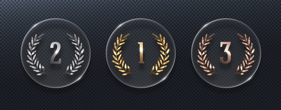 Set of glass trophy awards with gold, silver and bronze laurel wreaths. Realistic 3D vector icons for 1st, 2nd, 3rd place winner badges, sport ranking or champion medals on dark background.