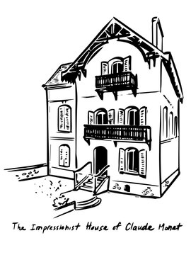 Hand Drawn Impressionist House of Claude Monet in Argenteuil France in Black and White Architectural Sketch Style