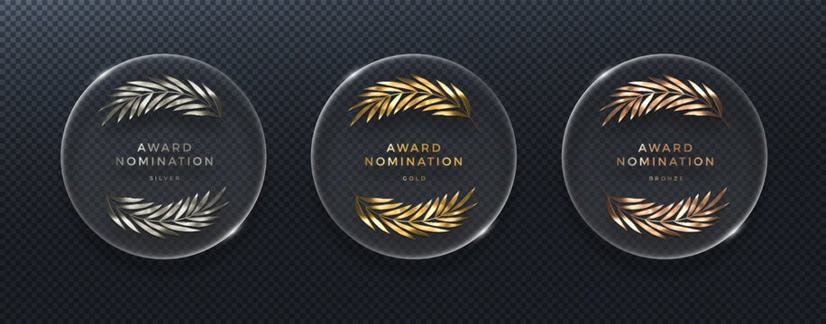 Set of realistic glass award badges with gold, silver and bronze laurel wreaths. 3D vector glassmorphism icons for nomination, winner ranking or certificate design on dark transparent background.