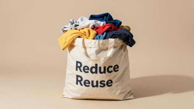 Bright Canvas Bag Holding Kids Clothes, Seller Preparing Inventory For Online Thrift Boutique, Neutral Studio Backdrop, Crisp Lighting And Shadows, Neatly Arranged Textiles, Branded Reduce