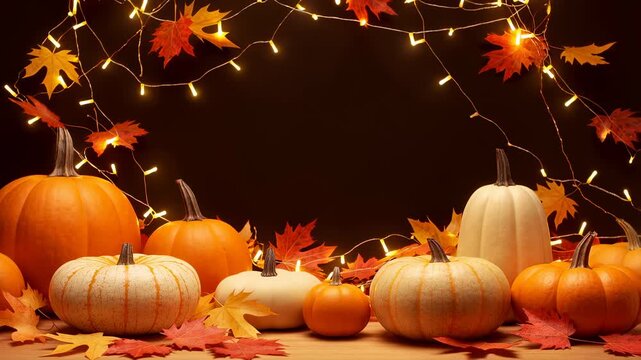 Festive autumn scene with pumpkins and colorful leaves illuminated by fairy lights. Celebrating the warmth and joy of the fall season