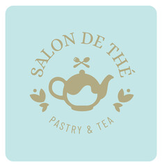 Charte graphique pour p&acirc;tisserie, salon de th&eacute;, caf&eacute;, th&eacute;i&egrave;re, tampon, bleu, or, feuilles