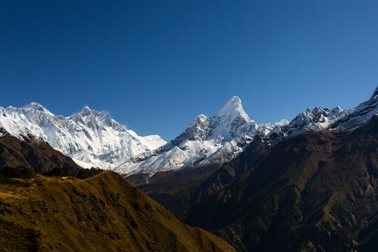 View of Himalaya mountains - Everest, Lhotse, Ama Dablam, Nuptse, Taboche, Kongde Ri, Thamserku from Namche Bazaar viewpoint, Sagarmatha National Park, Nepal
