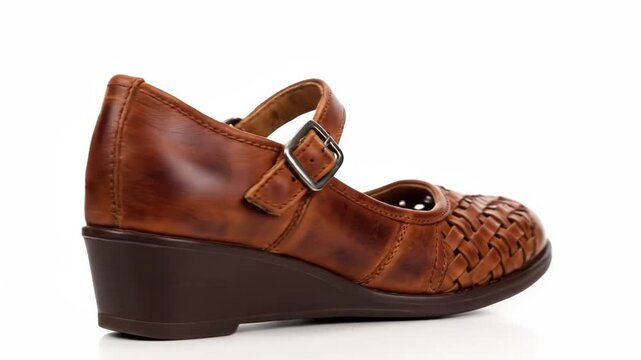 Close up side view of a brown leather woven mary jane shoe with a small wedge heel and buckle strap isolated on white background