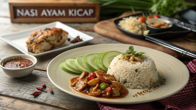 Nasi Ayam Kicap Dish with Cucumber Slices