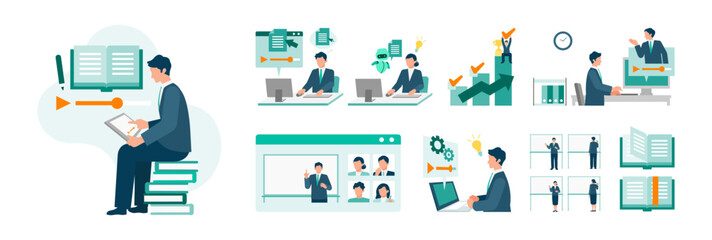 E-learning and online training business people set, professionals studying with tablets and computers for reskilling, corporate education and skill development © SHIROKUMA-DESIGN