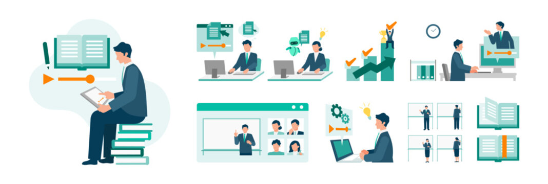 E-learning and online training business people set, professionals studying with tablets and computers for reskilling, corporate education and skill development