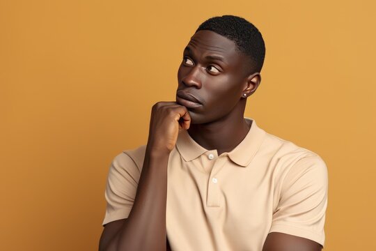 Young black man contemplating, looking away, with hand on chin on a yellow background
