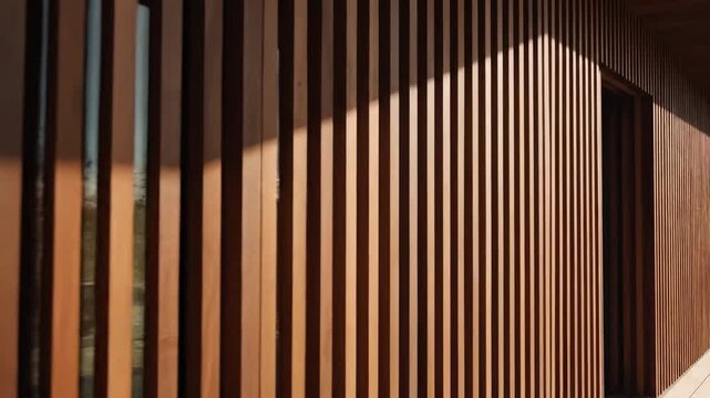 Rhythmic looping camera pan across the repeating vertical wooden facade slats of a minimalist modern house exterior casting sharp afternoon shadows architecture, casting, warmth