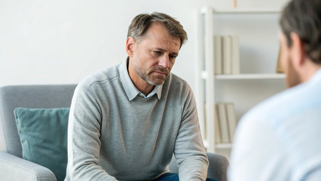 Man sits on couch in a room while talking to another person during a serious conversation in the afternoon