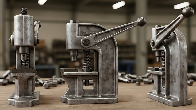 Industrial metal pressing machines used in manufacturing and workshop settings