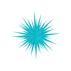 Obraz premium A minimalist 2d vector illustration of a central abstract geometric starburst with sharp, jagged triangular spikes, rendered in vivid cyan against a transparent background with copy space. Concept for