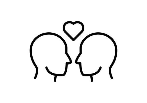 Icono lineal de dos perfiles humanos enfrentados con un coraz&oacute;n de amor