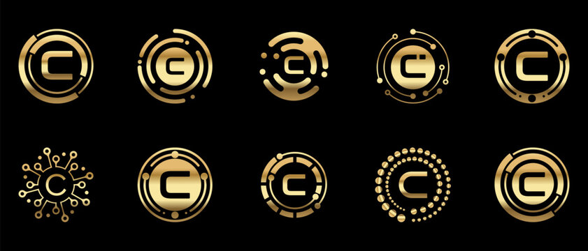 Luxury gold letter C logo collection with modern circular and abstract tech-inspired elements. Elegant metallic monogram designs on black background, ideal for branding, technology