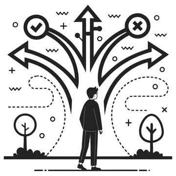 A man stands at a crossroads with multiple paths to choose from