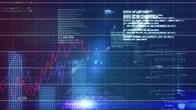 Animation of graphs, numbers, binary codes, lens flares, programming language on abstract background