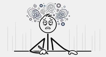 Stick figure overwhelmed with stress and exhaustion at desk.