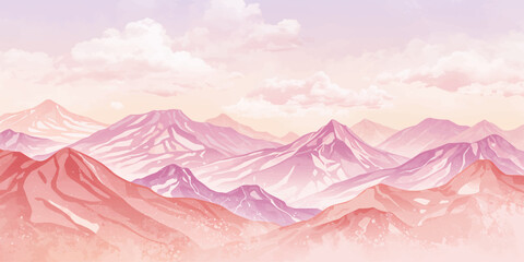 Vector illustration of a pink mountain landscape featuring high snow peaks and cold glaciers under a blue winter sky with white clouds for a nature travel adventure view. vector pro © sabia