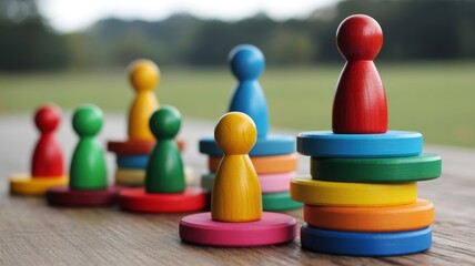 Naklejka premium Colorful wooden figures and rings are stacked on a wooden surface, creating a playful and vibrant scene in a natural outdoor setting.