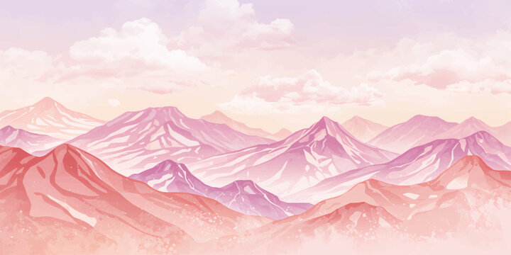 Vector illustration of a pink mountain landscape featuring high snow peaks and cold glaciers under a blue winter sky with white clouds for a nature travel adventure view. vector pro