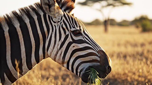 Close up profile of a zebra grazing in the African savanna at sunset