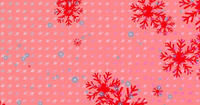 Animation of snow falling over christmas decoration and pattern