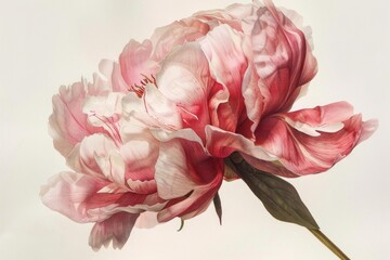 Close up of a pink and red peony flower, showcasing its delicate petals and elegant form against a white backdrop