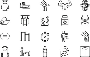 Fototapeta premium Collection of black line fitness and exercise on white background workout health