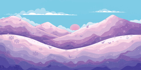 A breathtaking winter panorama of high alpine peaks covered in snow under a vibrant sunset sky with soft fog rolling through the mountain valley at morning light © sabia