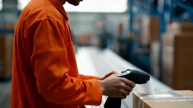 Warehouse Worker Scanning Package with Barcode Reader