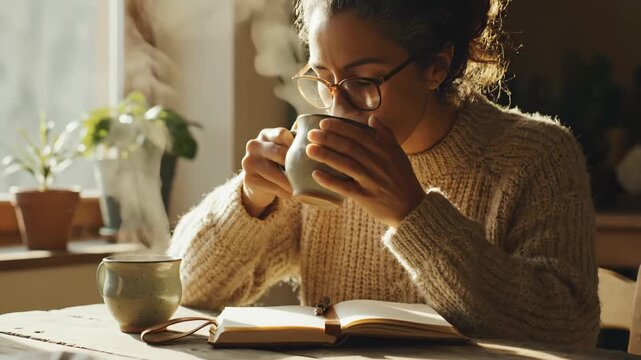 Woman enjoying coffee and writing in a journal at home in the morning.