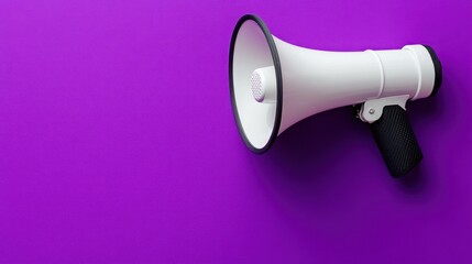 White megaphone on viintimate apparelnt purple background, symbolizing loud announcement