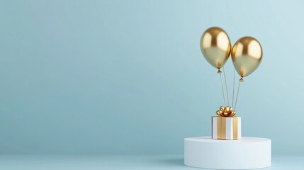 White podium with gift box and gold balloons on pastel blue background