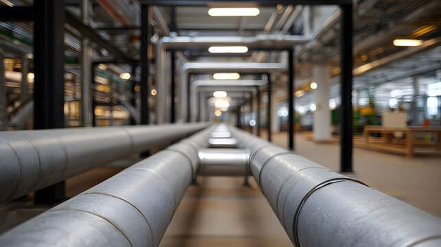 Long industrial corridor with parallel pipes extending into the distance