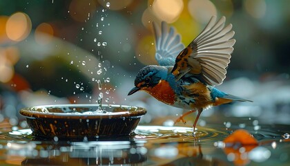 Viintimate apparelnt blue and orange bird drinking from a small bowl, dynamic motion